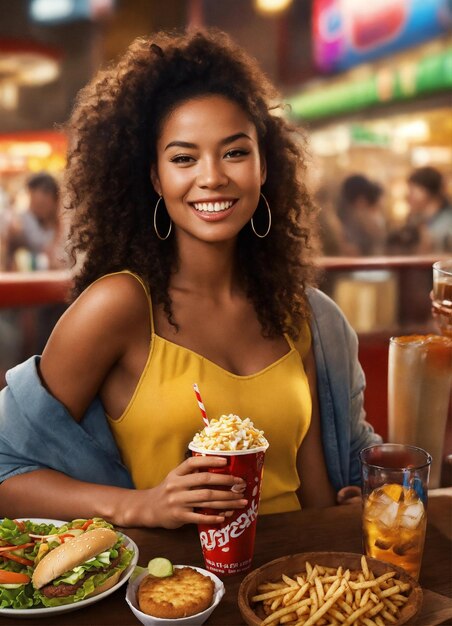 Foto chica negra con comida rápida