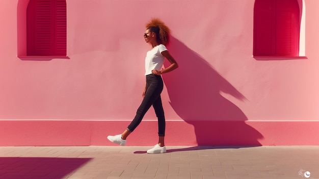 Foto una chica negra contra una pared rosa con ventanas