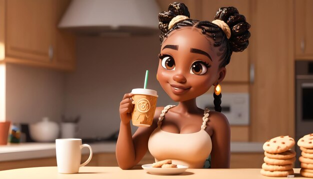 una chica negra de dibujos animados con una taza de café y galletas desayunando