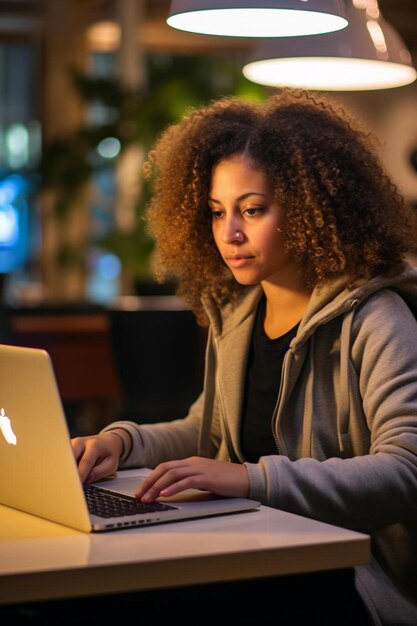 Una chica negra dotada usa una computadora portátil