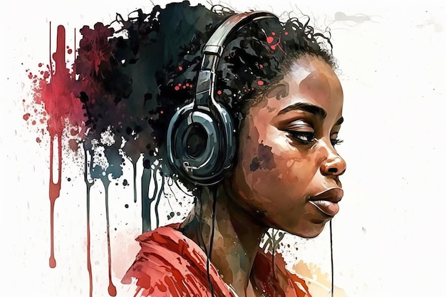 Chica negra escucha música con auriculares retrato de adolescente ilustración IA generativa