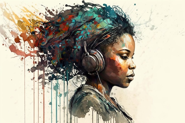 Chica negra escucha música con auriculares retrato de ilustración adolescente moderna IA generativa