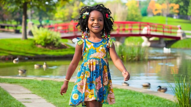 Una chica negra feliz y bonita caminando por el parque.