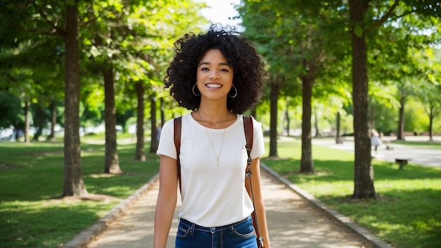 Una chica negra feliz y bonita caminando por el parque.