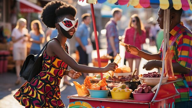 Foto la chica negra con la máscara compra comida.