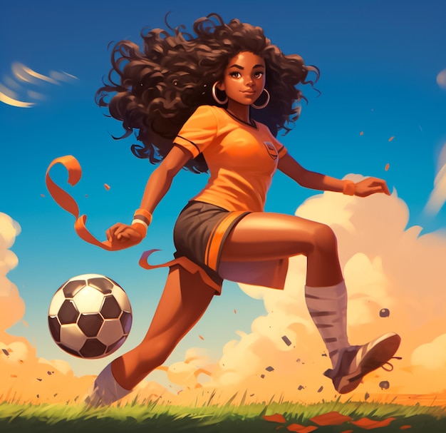 una chica negra pateando una pelota de fútbol en el estilo de naranja y marrón