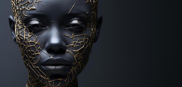 Chica negra con pintura dorada en la cara al estilo de una escultura conceptual.