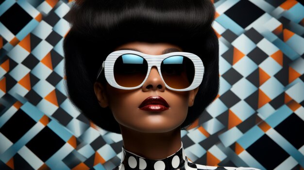 Chica negra retro de moda con gafas de sol Mujer de arte pop futurista con fondo geométrico