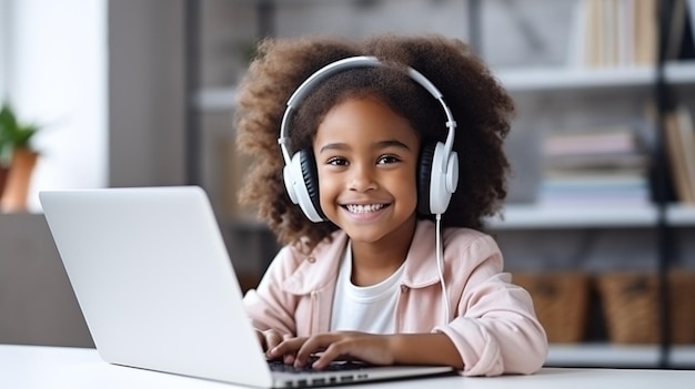 Chica negra sonriente con auriculares y portátil de aprendizaje electrónico en una oficina casera moderna