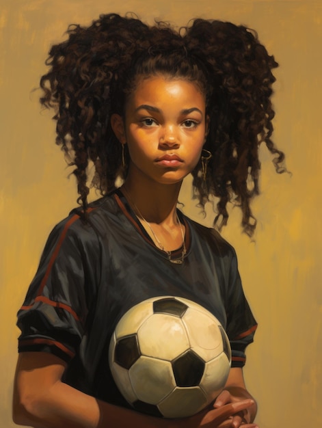 Una chica negra sosteniendo un balón de fútbol.