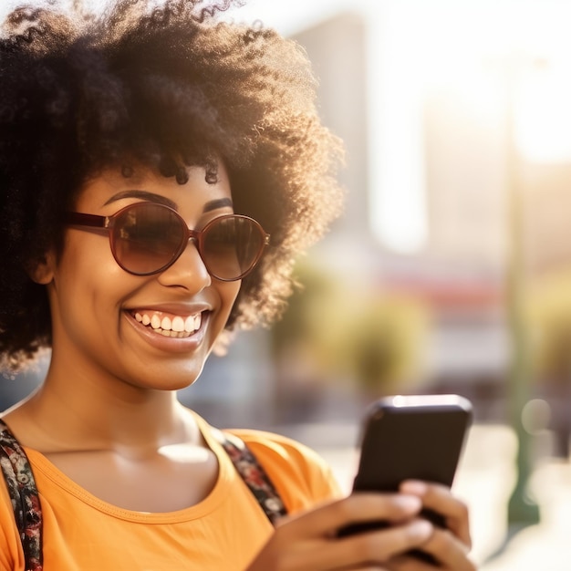 Chica negra de verano sonriendo en el teléfono inteligente