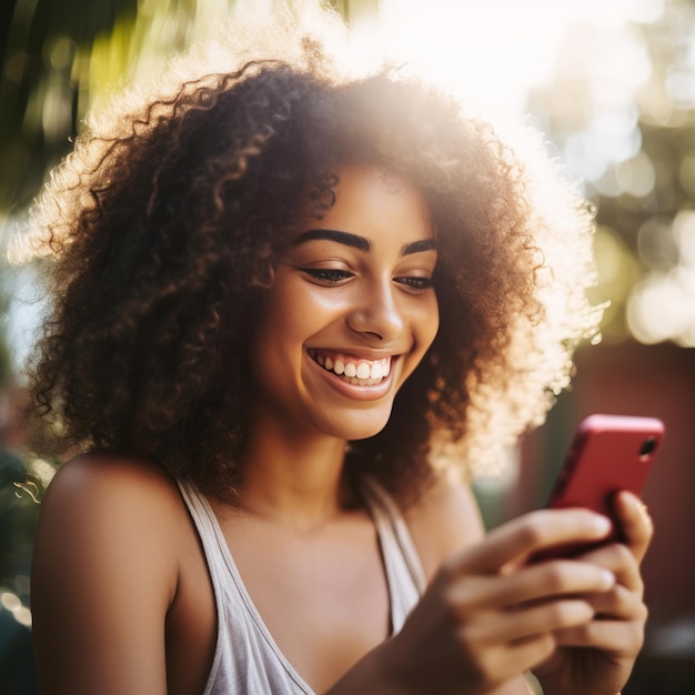 Chica negra de verano sonriendo en el teléfono inteligente