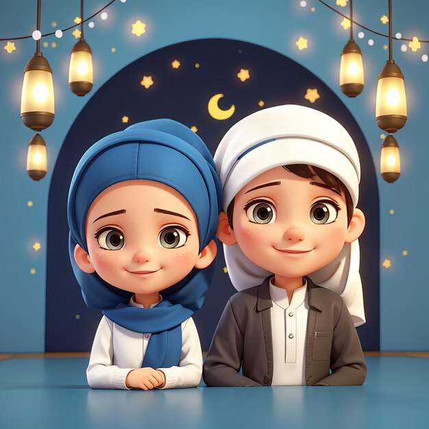 Chica y niño lindos musulmanes celebrando el Eid Mubarak dibujos animados icono vectorial ilustración gente religión