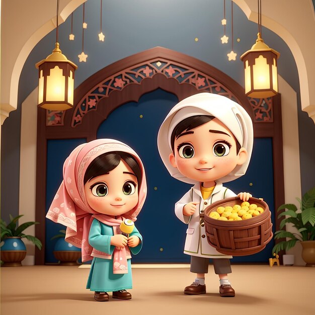 Chica y niño musulmanes lindos celebrando el Eid Mubarak con un tambor de bedug ilustración de icono vectorial de dibujos animados