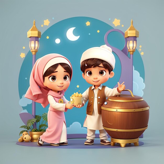 Chica y niño musulmanes lindos celebrando el Eid Mubarak con un tambor de bedug ilustración de icono vectorial de dibujos animados