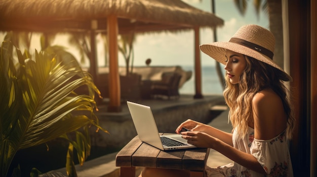 Una chica nómada digital que disfruta trabajando con una computadora portátil mientras está de vacaciones en la playa.