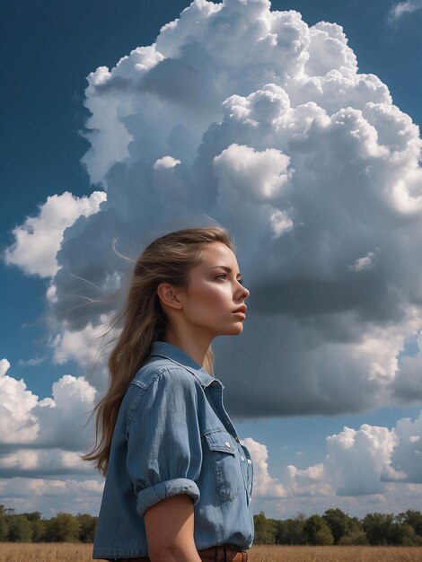 Foto una chica está con las nubes a su alrededor