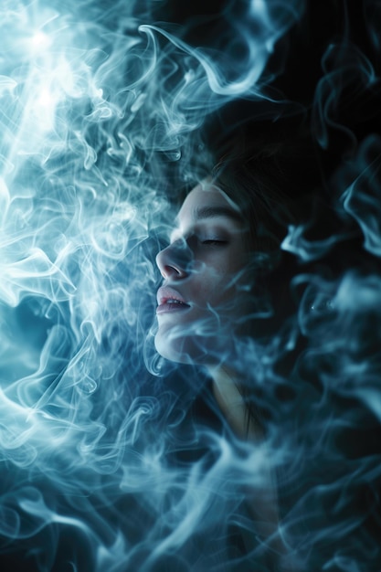 Una chica o mujer joven con una hermosa piel brillante y sin defectos que tiene una experiencia astral con el humo