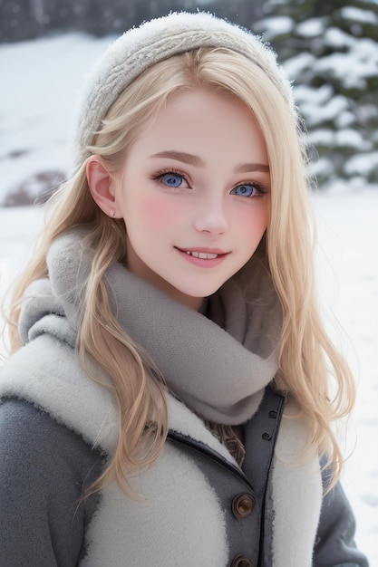 Una chica con ojos azules y un abrigo gris