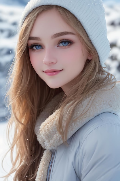 Una chica con ojos azules en un abrigo de invierno