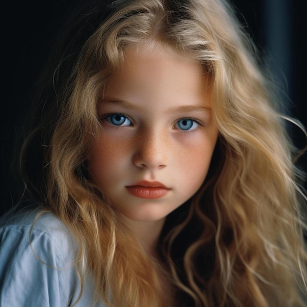 una chica con ojos azules y una camisa blanca