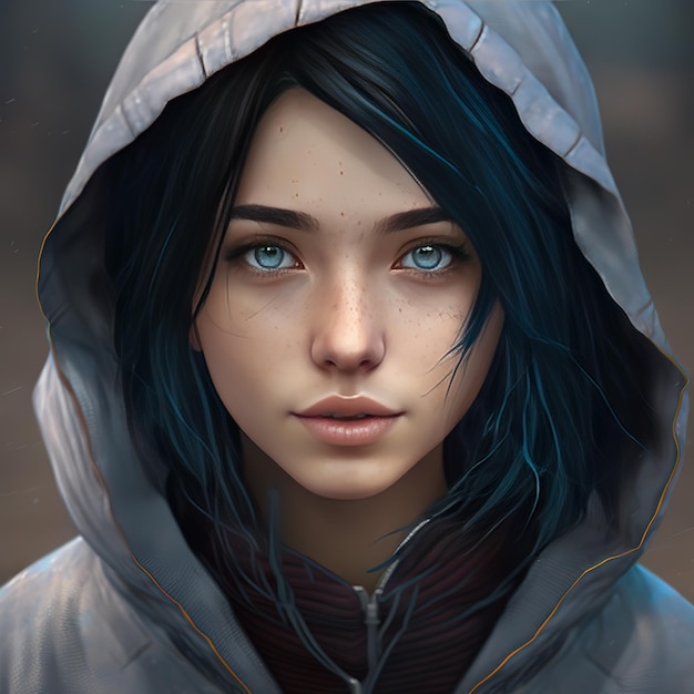 Una chica con ojos azules y capucha.