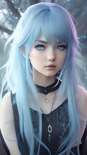 Una chica con ojos azules y una cinta negra alrededor de su cuello