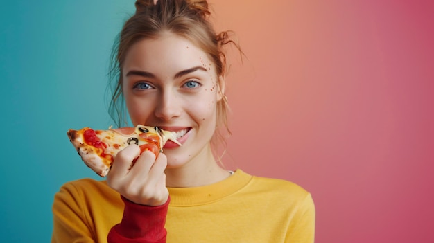 una chica de ojos azules comiendo una rebanada de pizza