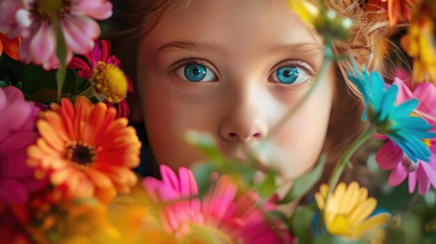 Una chica de ojos azules enmarcada por una corona de flores de verano