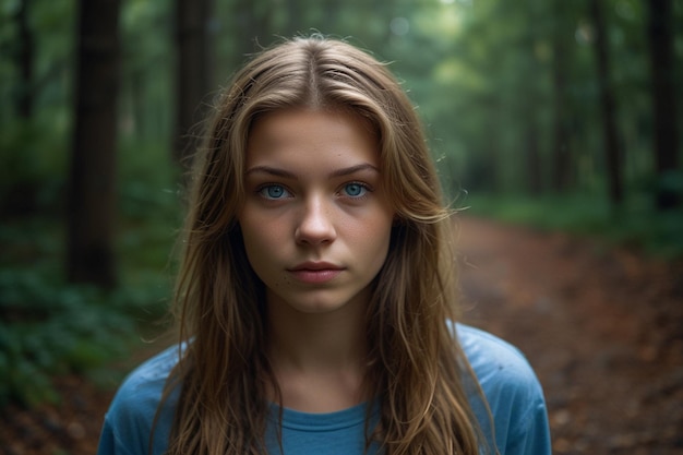 una chica de ojos azules está de pie en el bosque