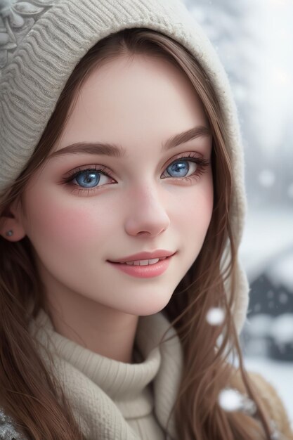 Una chica de ojos azules está de pie en la nieve.