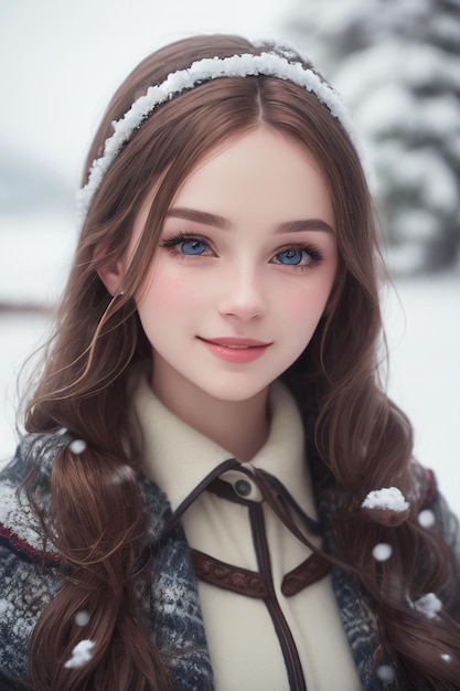 Una chica de ojos azules está de pie en la nieve.