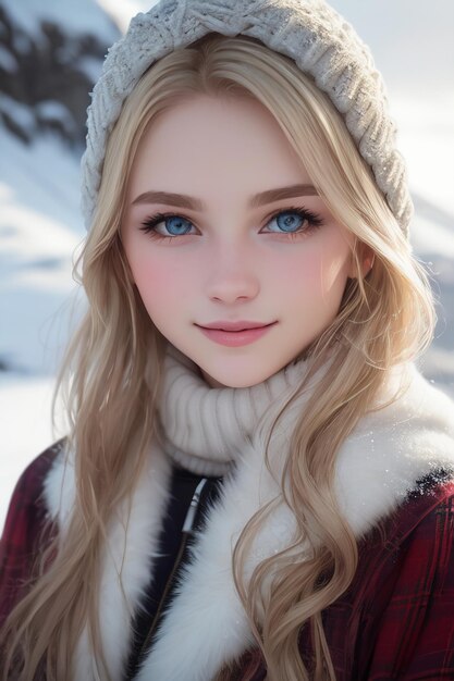 Una chica con ojos azules en invierno