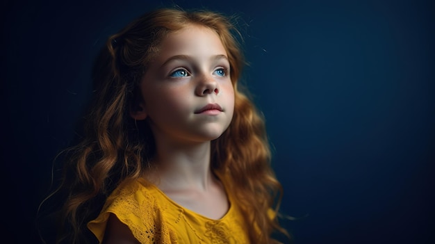 Una chica de ojos azules mira hacia el cielo.