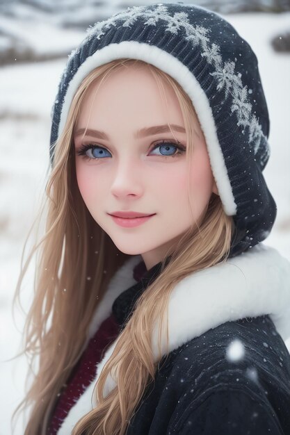 Una chica con ojos azules en la nieve