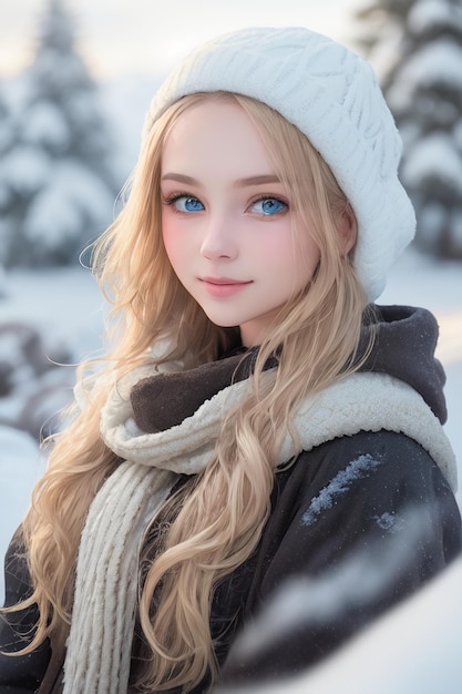 Una chica con ojos azules en la nieve