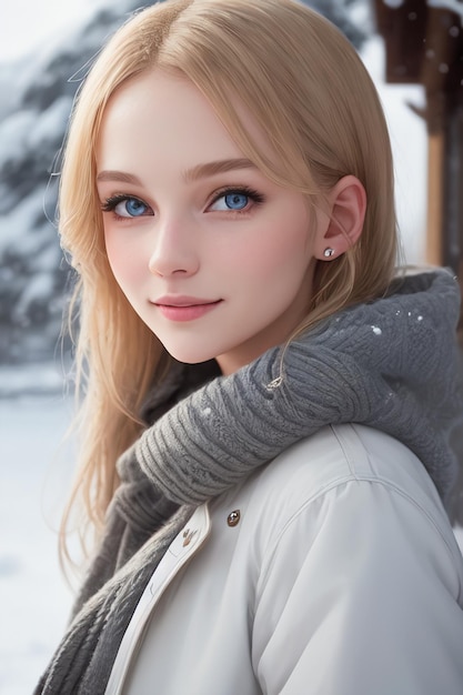 Una chica con ojos azules en la nieve