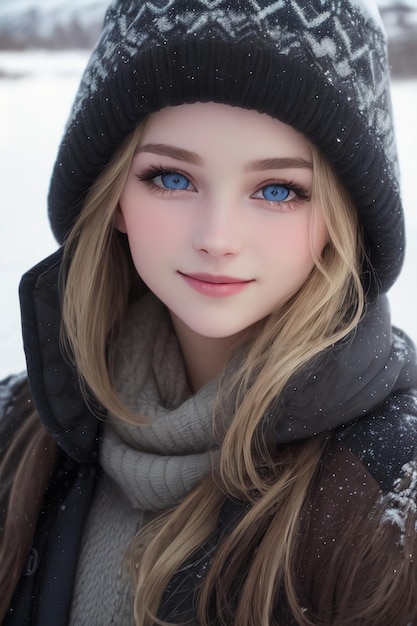 Una chica con ojos azules en la nieve