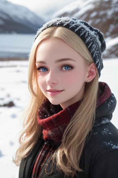 Una chica con ojos azules en la nieve