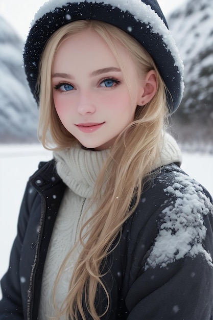 Una chica con ojos azules en la nieve