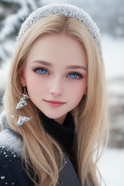 Una chica con ojos azules en la nieve