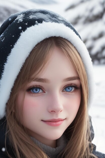 Una chica con ojos azules en la nieve