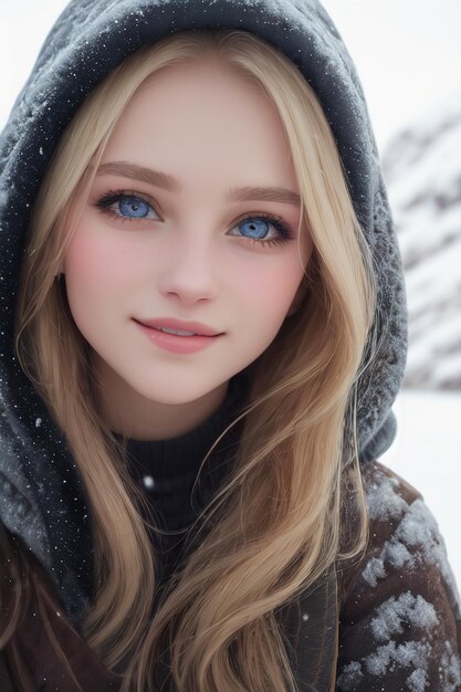 Una chica con ojos azules en la nieve