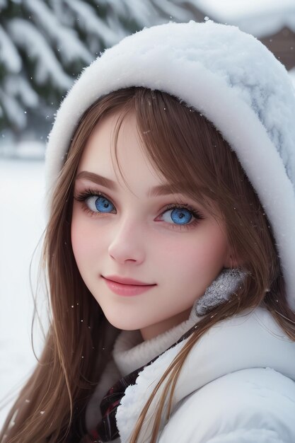 Una chica con ojos azules en la nieve