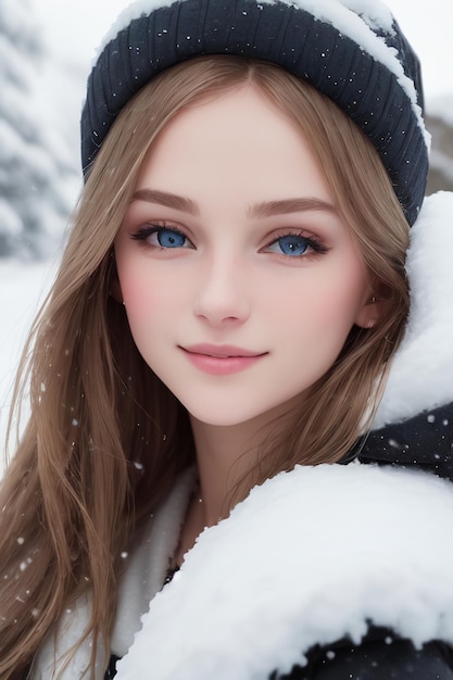 Una chica con ojos azules en la nieve