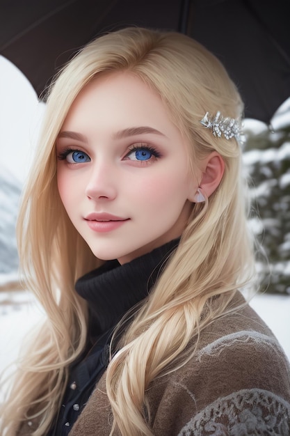 Una chica con ojos azules y un paraguas negro