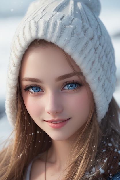 Una chica con ojos azules y un sombrero blanco