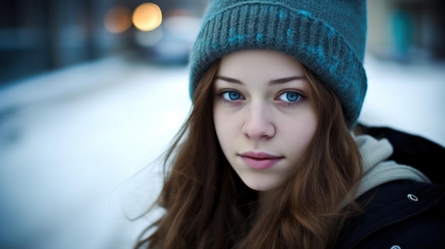 Una chica con ojos azules y un sombrero.