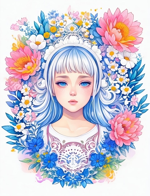 Una chica con ojos azules y un vestido blanco con un estampado de flores.