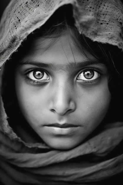 una chica con ojos grandes y un pañuelo en la cabeza.